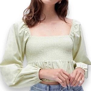 LA Hearts Green Cotton Smocked Ruffle Long Sleeve Babydoll Crop Top Small